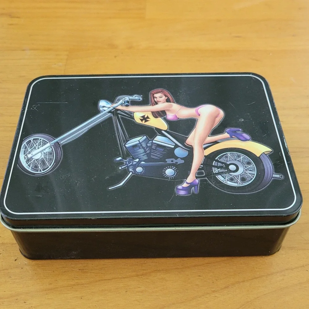 Motorcycle Pin Up Girl Knife In Tin Chopper Biker Novelty Collectible